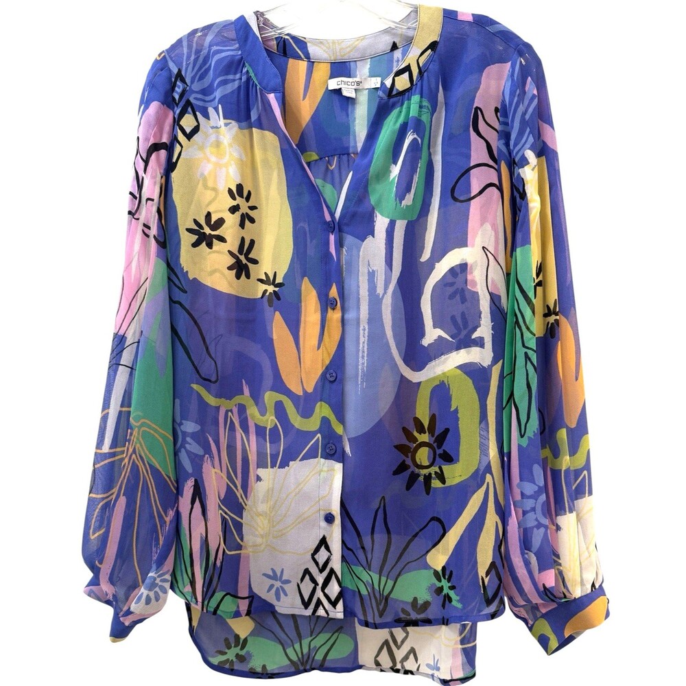 Chicos Surreal Pleated Sleeve Blouse Size Med 8 Sheer Artsy Colorful Button Up